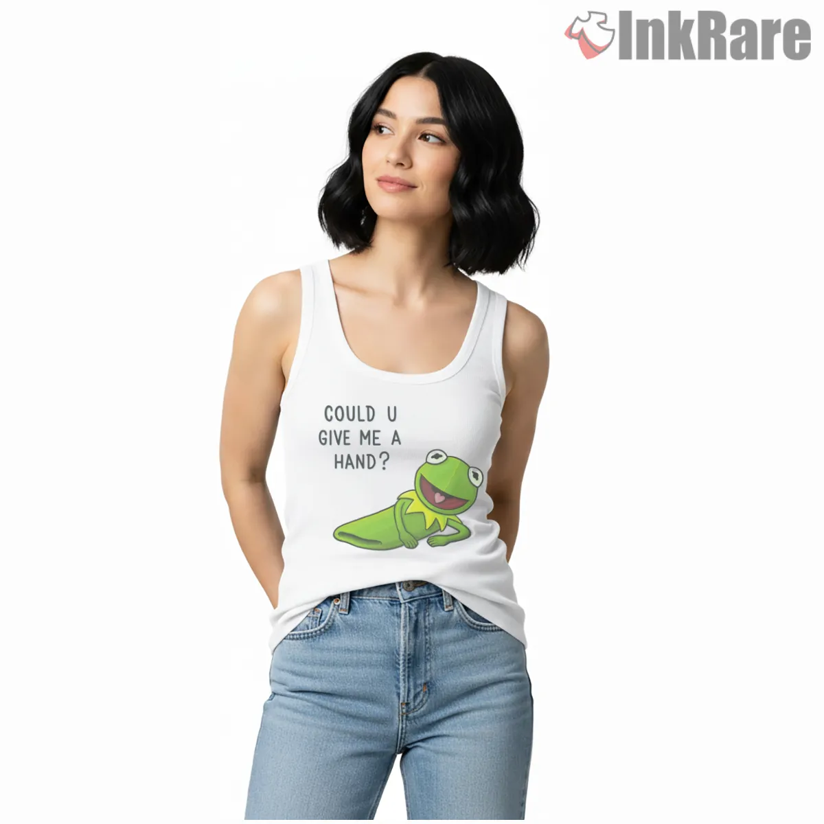 Kermit I Need A Hand Funny Meme Cartoon Shirt on white tank top for women graphic tee