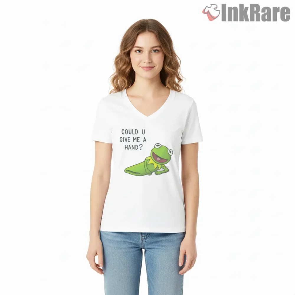 Kermit I Need A Hand Funny Meme Cartoon Shirt on white v-neck shirt for women graphic tee