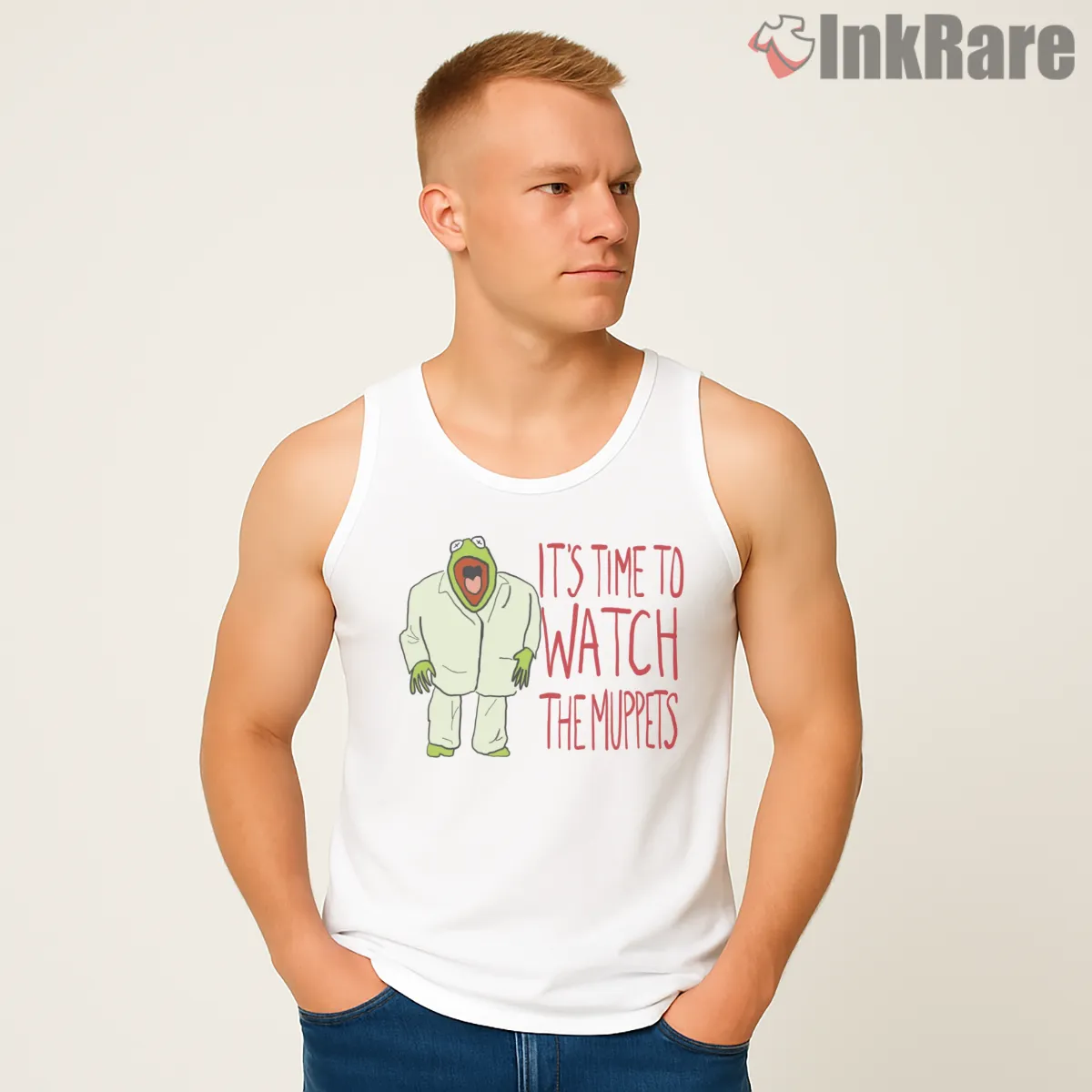 Kermit Its Time To Watch The Muppets Funny Tank Top White Kermit Its Time To Watch The Muppets Funny Shirt on white tank top for men graphic tee