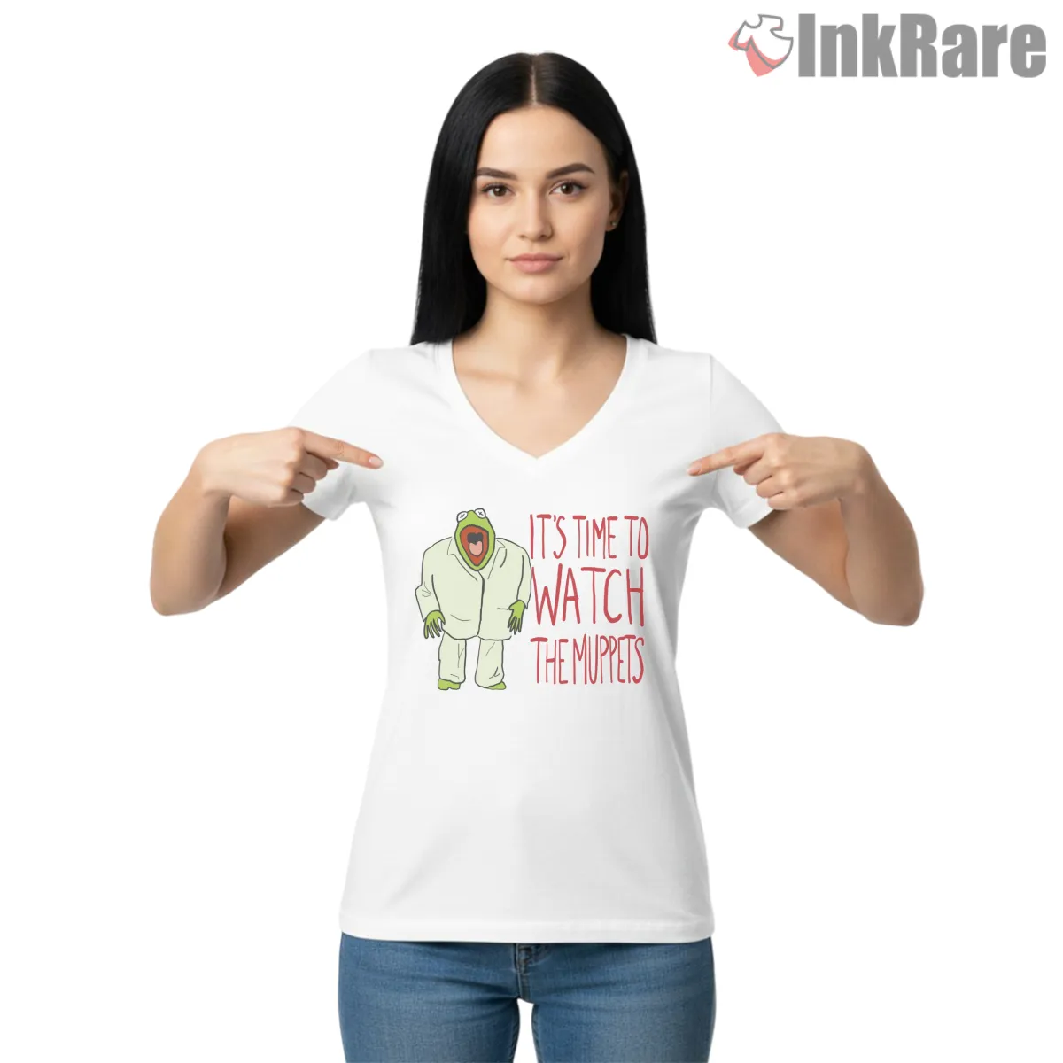Kermit Its Time To Watch The Muppets Funny V Neck White Kermit Its Time To Watch The Muppets Funny Shirt on white v-neck shirt for women graphic tee