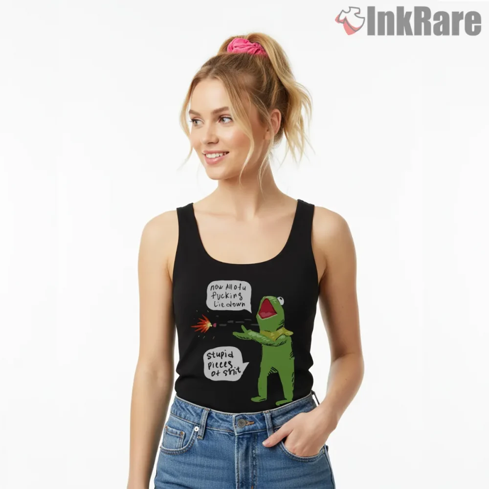 Kermit Meme Lie Down Now Dark Humor Cartoon Shirt on black tank top for women graphic tee