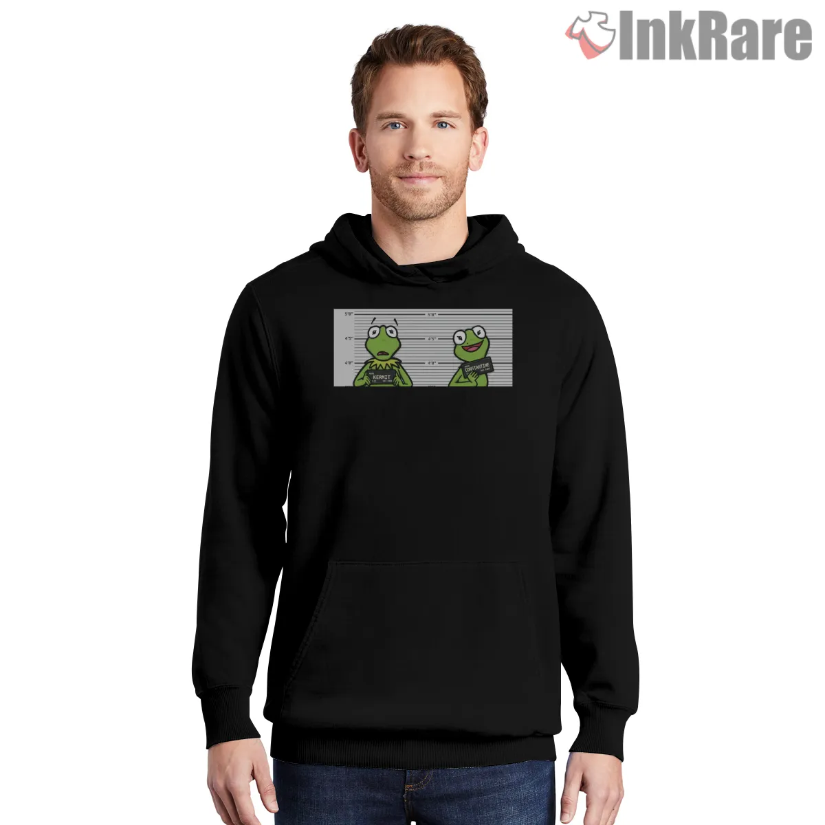 Kermit Mugshot Meme Minimal Cartoon Lineup Hoodie Black Kermit Mugshot Meme Minimal Cartoon Lineup Shirt on black hoodie for men graphic tee