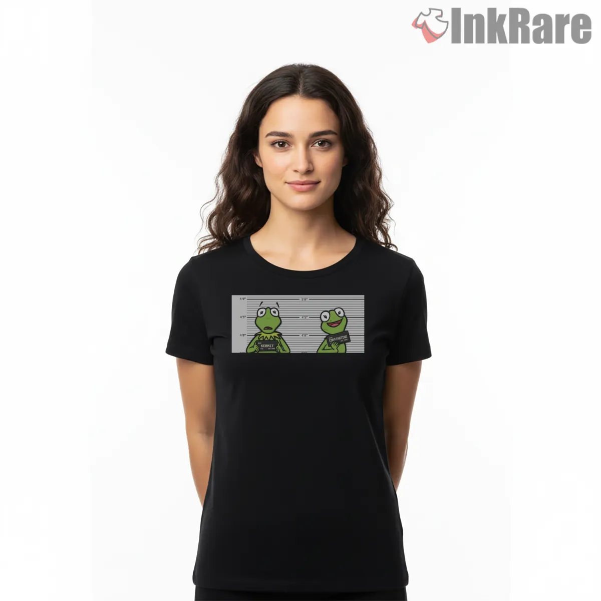 Kermit Mugshot Meme Minimal Cartoon Lineup Short Sleeve Black Kermit Mugshot Meme Minimal Cartoon Lineup Shirt on black short sleeve shirt for women graphic tee