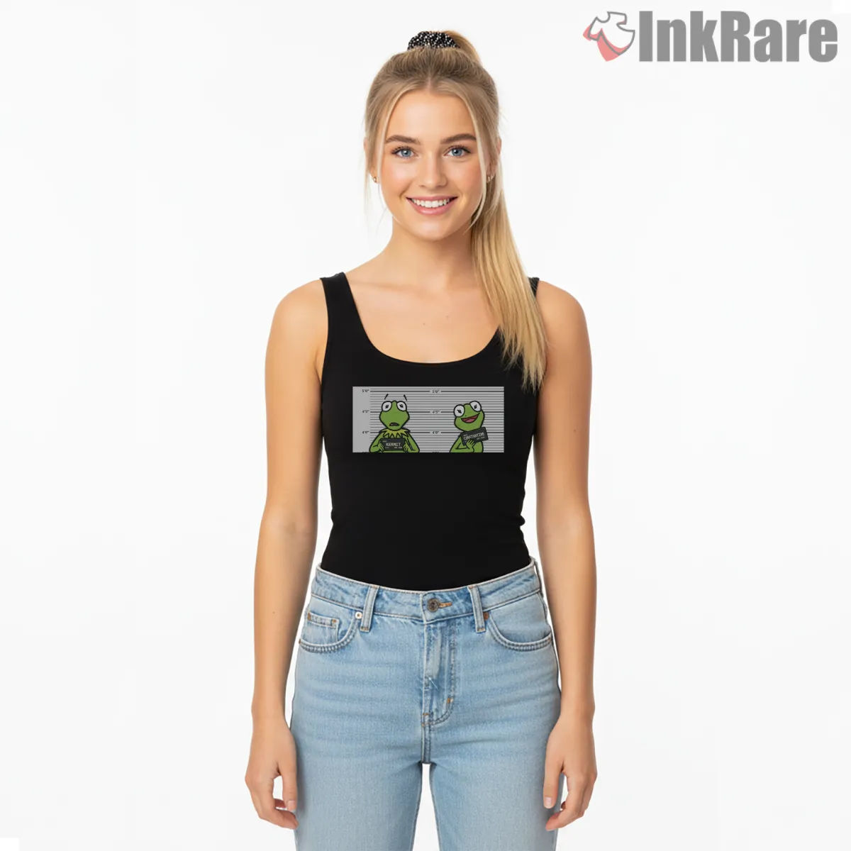 Kermit Mugshot Meme Minimal Cartoon Lineup Tank Top Black Kermit Mugshot Meme Minimal Cartoon Lineup Shirt on black tank top for women graphic tee