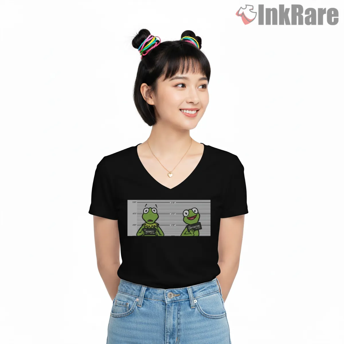 Kermit Mugshot Meme Minimal Cartoon Lineup Shirt on black v-neck shirt for women graphic tee