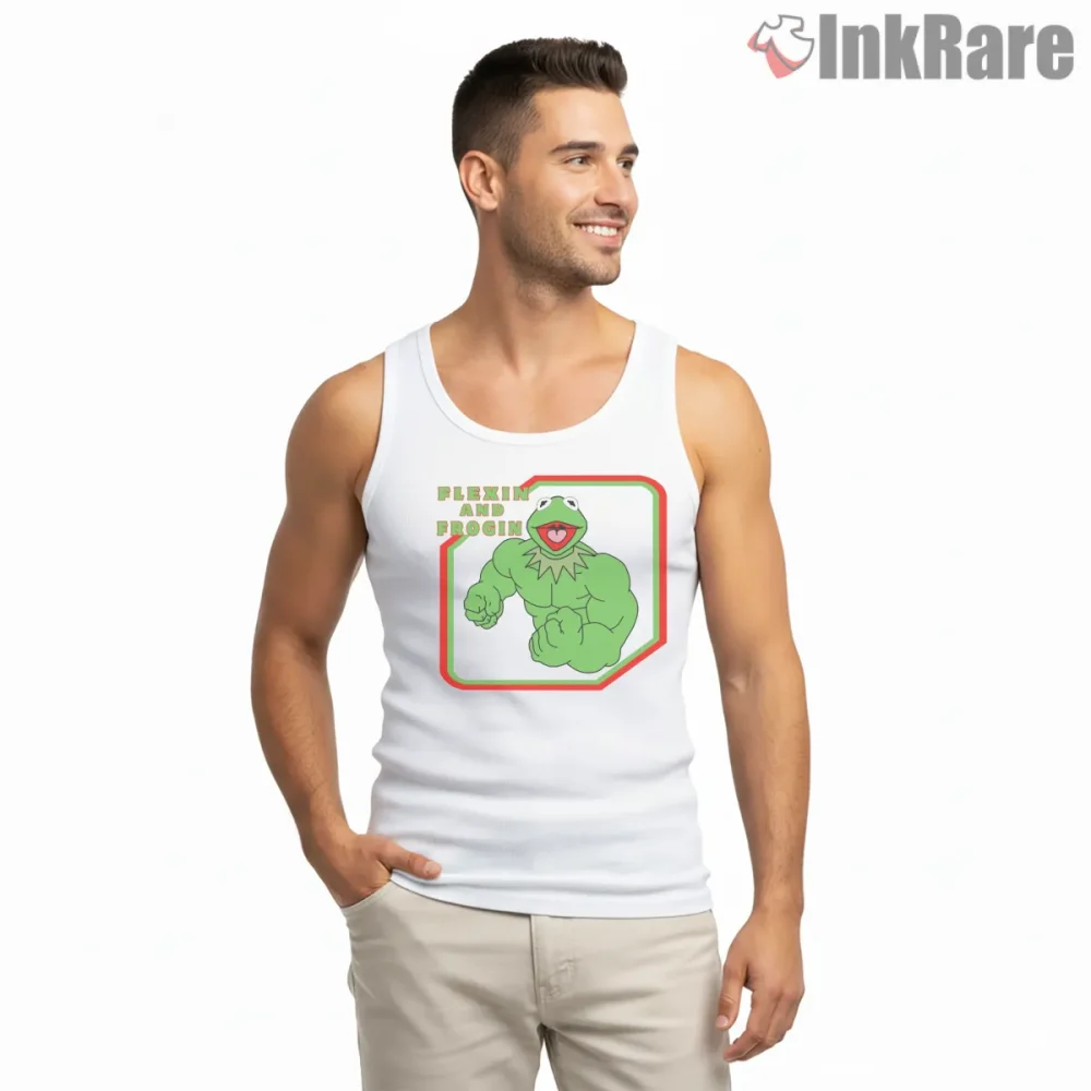 Kermit Muscle Frog Flexing Funny Cartoon Parody Shirt on white tank top for men graphic tee