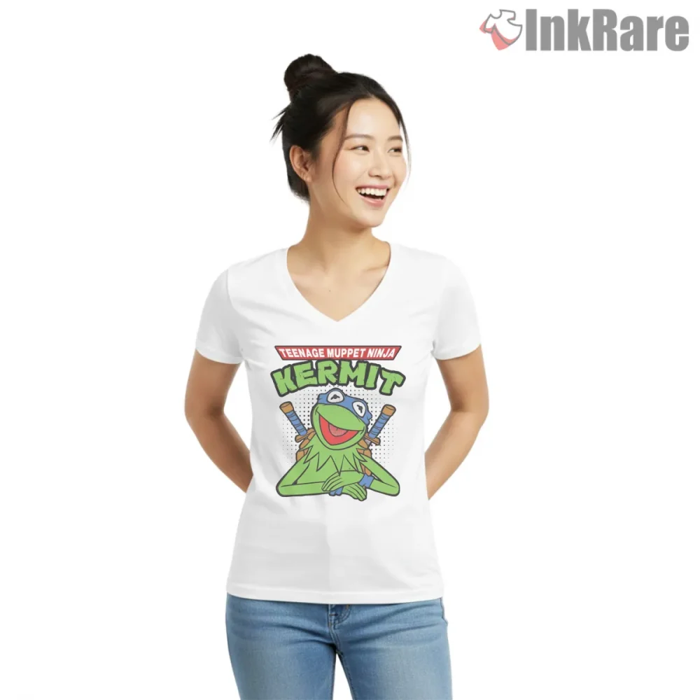 Kermit Ninja Turtle Parody Action Cartoon Shirt on white v-neck shirt for women graphic tee