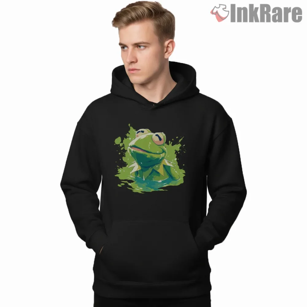 Kermit Paint Splash Artistic Modern Cartoon Shirt on black hoodie for men graphic tee
