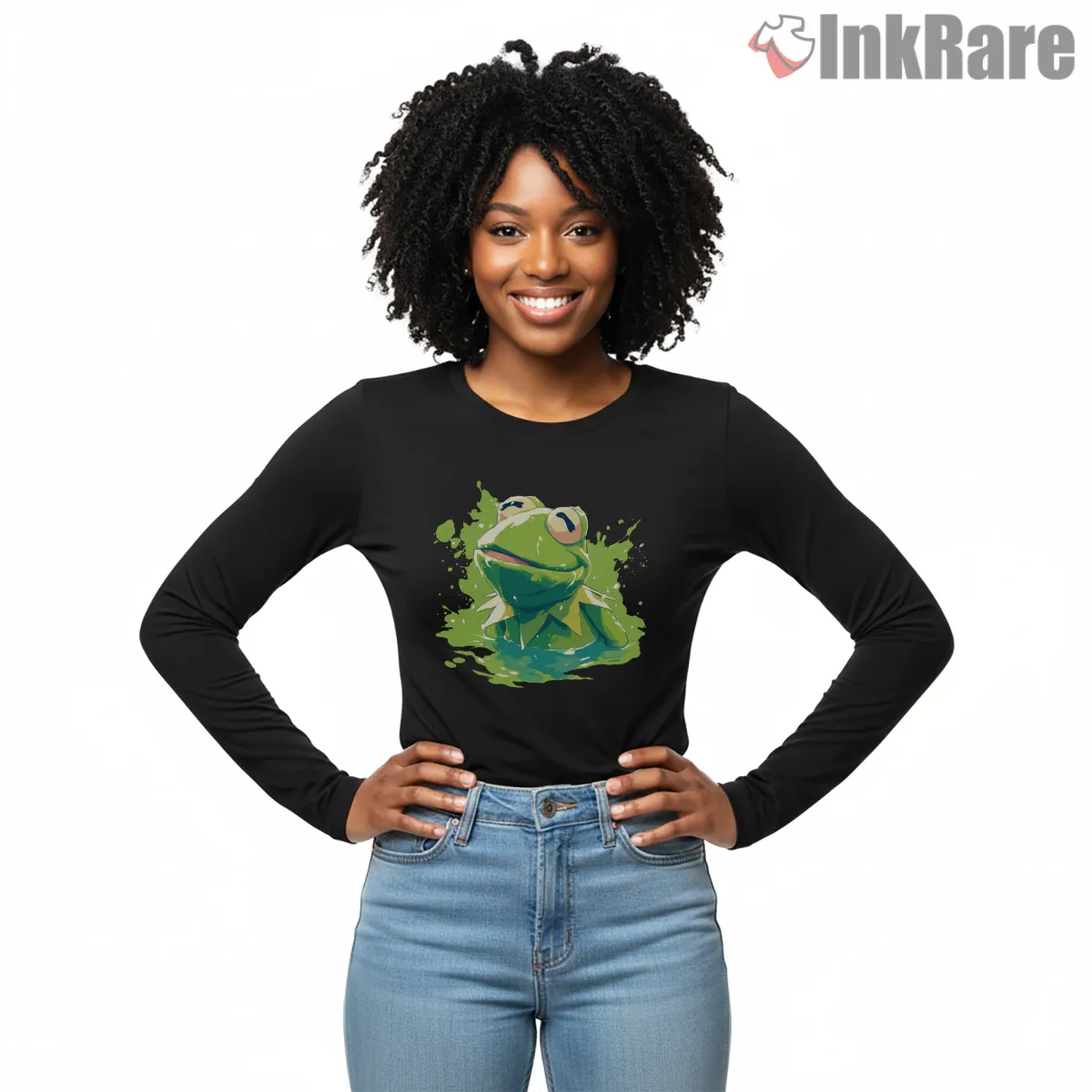 Kermit Paint Splash Artistic Modern Cartoon Long Sleeve Black Kermit Paint Splash Artistic Modern Cartoon Shirt on black long sleeve shirt for women graphic tee