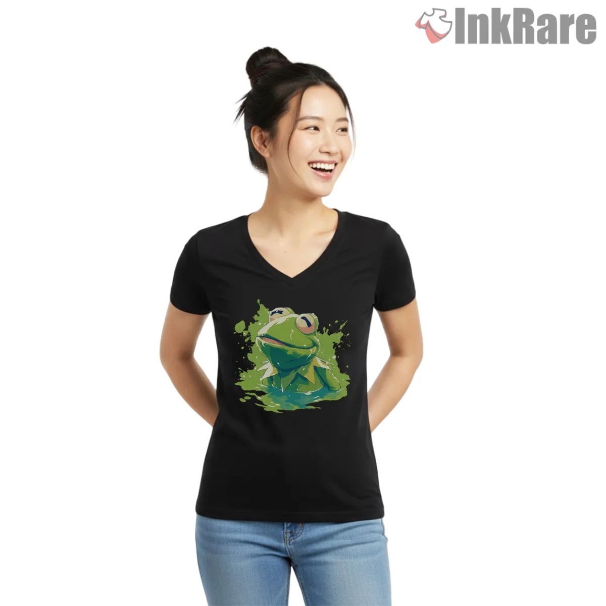 Kermit Paint Splash Artistic Modern Cartoon Shirt on black v-neck shirt for women graphic tee