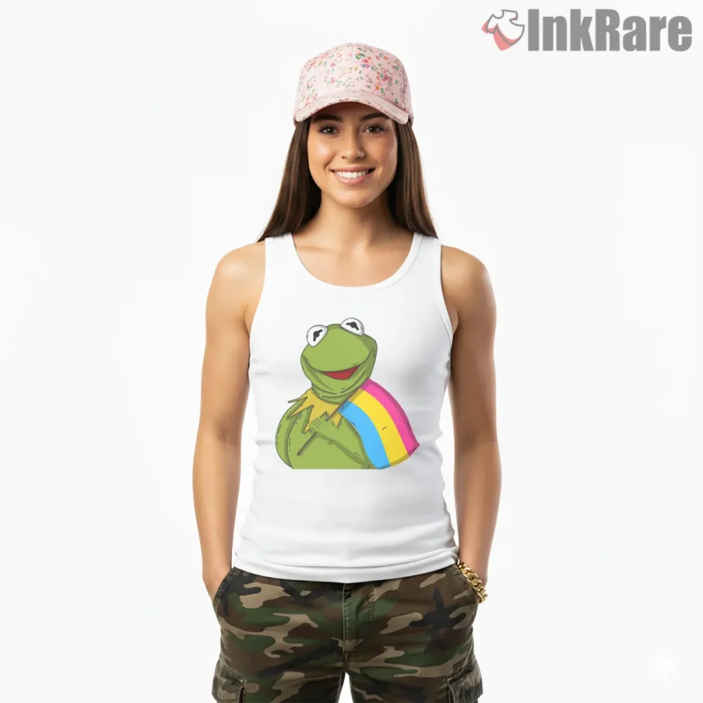 Kermit Pansexual Pride Rainbow Support Graphic Shirt on white tank top for women graphic tee