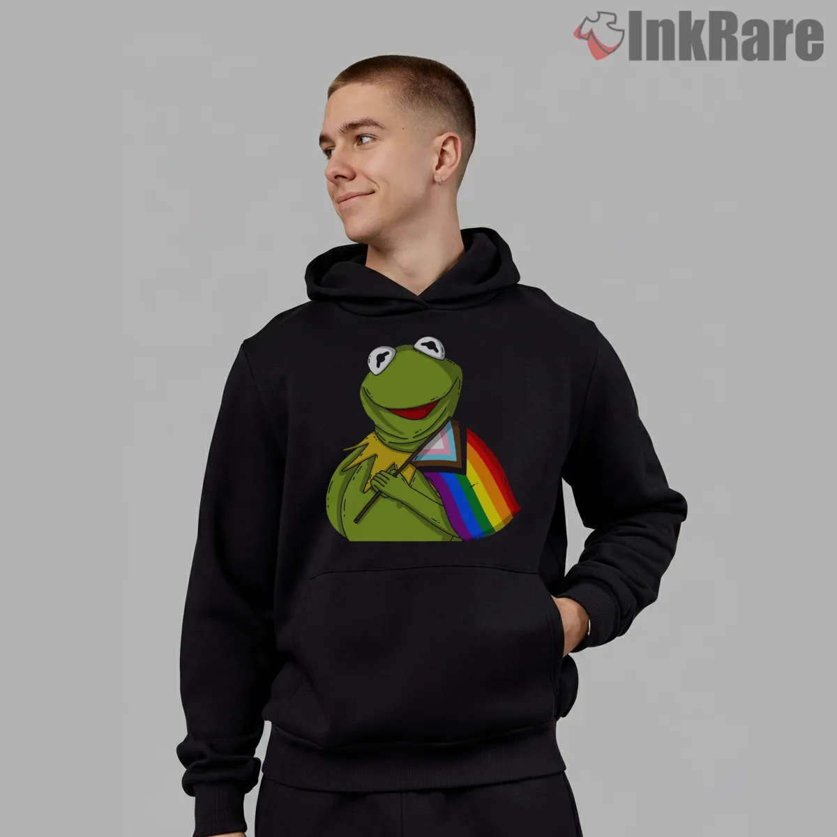 Kermit Pride Rainbow Flag Support Cartoon Hoodie Black Kermit Pride Rainbow Flag Support Cartoon Shirt on black hoodie for men graphic tee