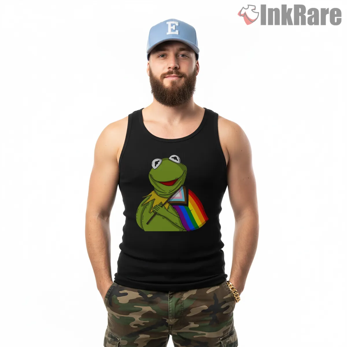 Kermit Pride Rainbow Flag Support Cartoon Shirt on black tank top for men graphic tee