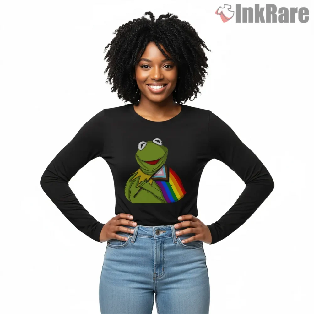 Kermit Pride Rainbow Flag Support Cartoon Shirt on black long sleeve shirt for women graphic tee