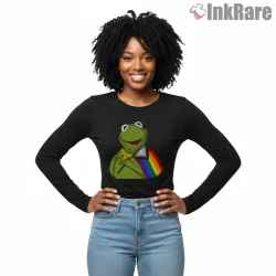 Kermit Pride Rainbow Flag Support Cartoon Shirt on black long sleeve shirt for women graphic tee
