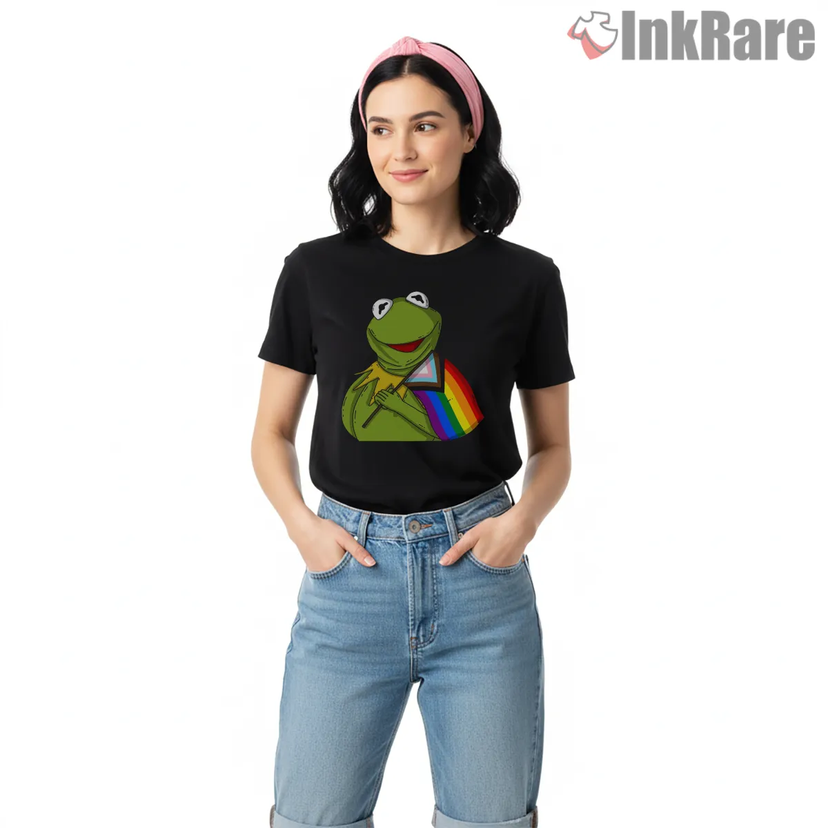 Kermit Pride Rainbow Flag Support Cartoon Short Sleeve Black Kermit Pride Rainbow Flag Support Cartoon Shirt on black short sleeve shirt for women graphic tee