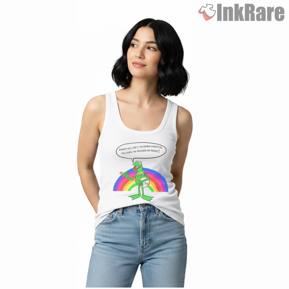 Kermit Rainbow Banjo Classic Connection Cartoon Shirt on white tank top for women graphic tee