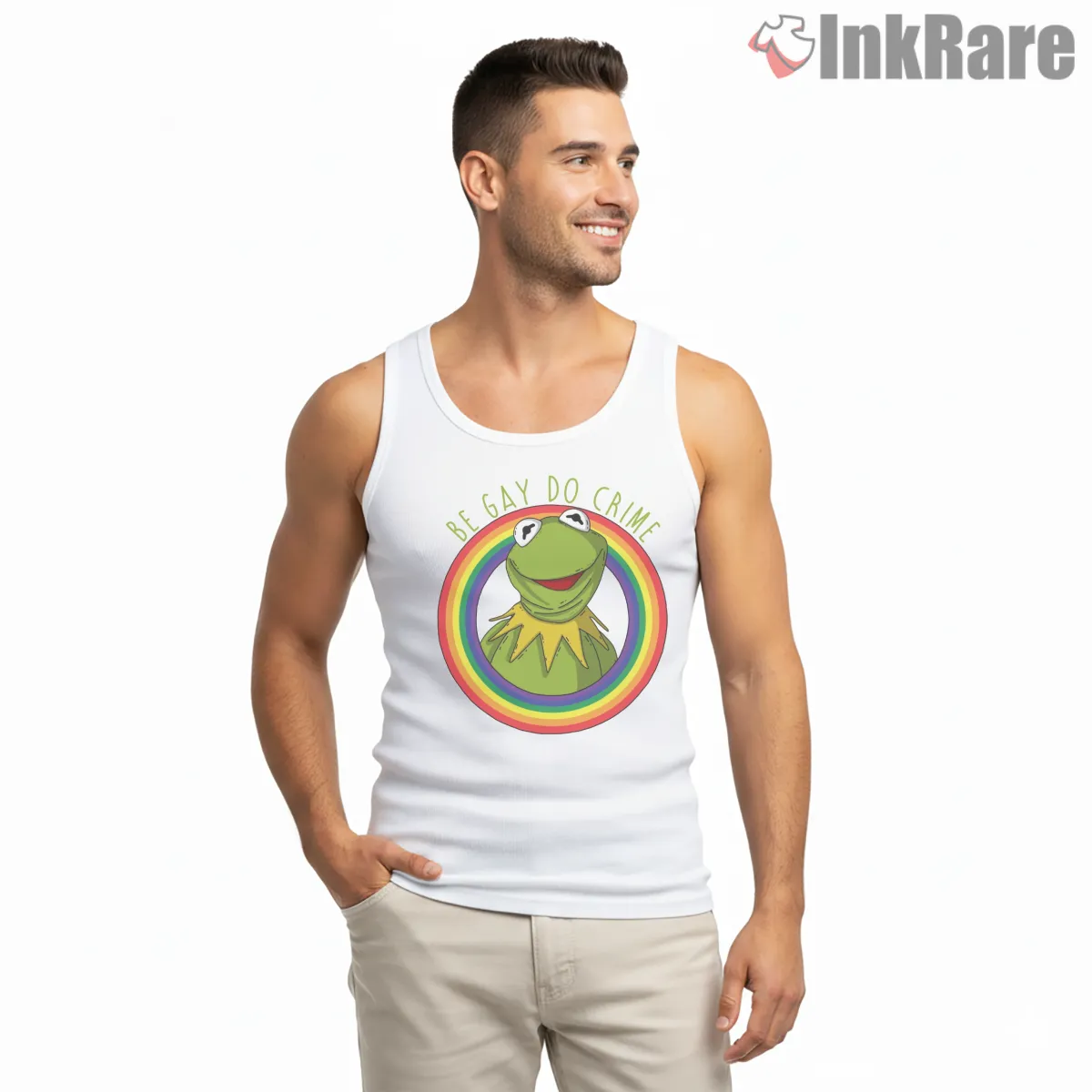 Kermit Rainbow Be Gay Do Crime Meme Tank Top White Kermit Rainbow Be Gay Do Crime Meme Shirt on white tank top for men graphic tee