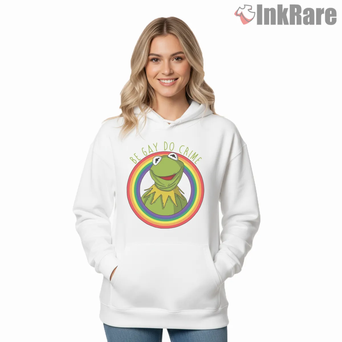 Kermit Rainbow Be Gay Do Crime Meme Hoodie White Kermit Rainbow Be Gay Do Crime Meme Shirt on white hoodie for women graphic tee