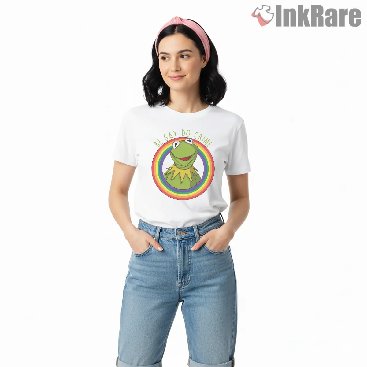 Kermit Rainbow Be Gay Do Crime Meme Short Sleeve White Kermit Rainbow Be Gay Do Crime Meme Shirt on white short sleeve shirt for women graphic tee