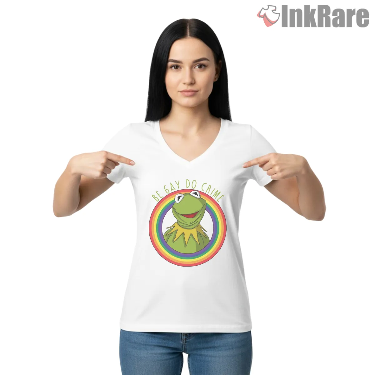 Kermit Rainbow Be Gay Do Crime Meme Shirt on white v-neck shirt for women graphic tee