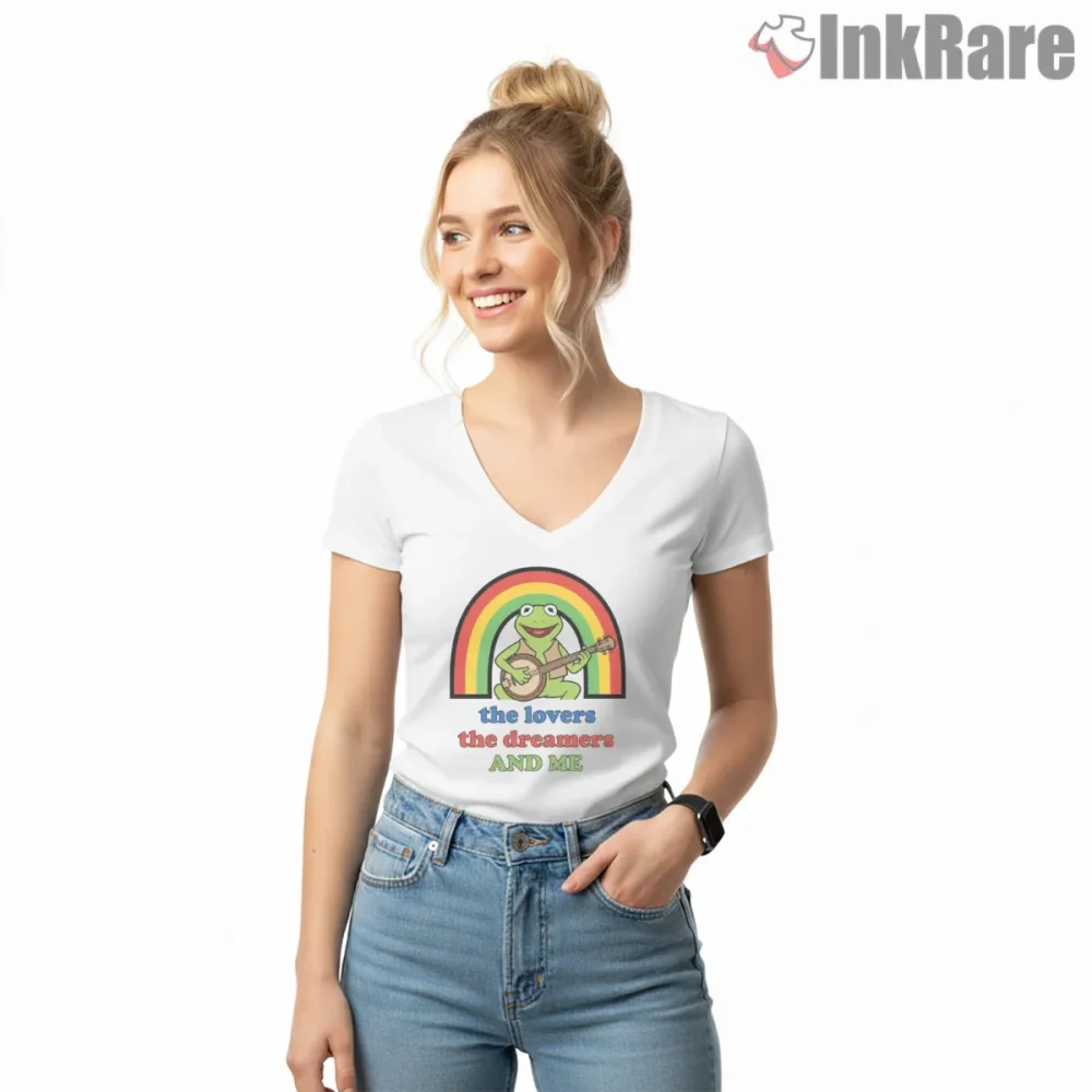 Kermit Rainbow Lovers Dreamers And Me Music Shirt on white v-neck shirt for women graphic tee