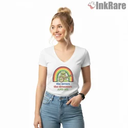 Kermit Rainbow Lovers Dreamers And Me Music Shirt on white v-neck shirt for women graphic tee