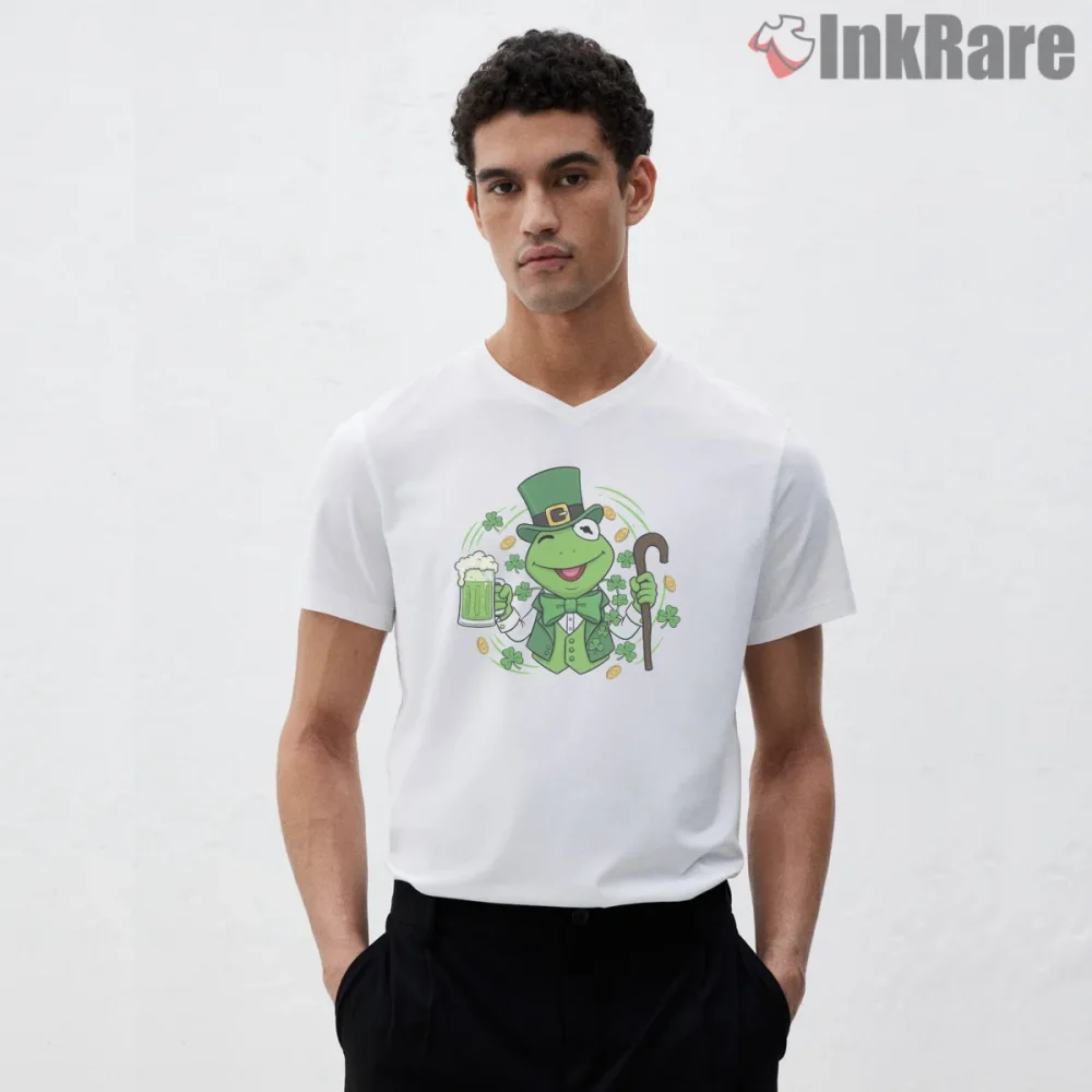 Kermit St Patricks Day Lucky Shamrock Beer Shirt on white v-neck shirt for men graphic tee