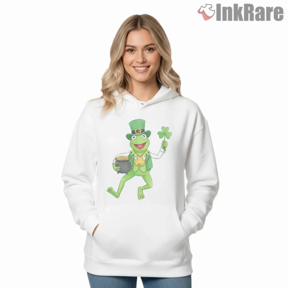 Kermit St Patricks Day Lucky Shamrock Cartoon Shirt on white hoodie for women graphic tee