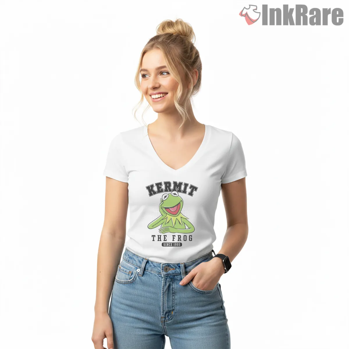 Kermit The Frog Classic Logo Portrait Clean V Neck White Kermit The Frog Classic Logo Portrait Clean Shirt on white v-neck shirt for women graphic tee