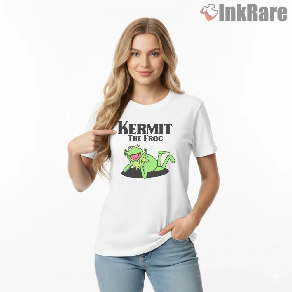 Kermit The Frog Classic Playful Pose Cartoon Shirt on white short sleeve shirt for women graphic tee