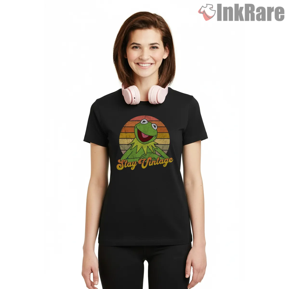 Kermit The Frog Stay Vintage Sunset Retro Circle Short Sleeve Black Kermit The Frog Stay Vintage Sunset Retro Circle Shirt on black short sleeve shirt for women graphic tee