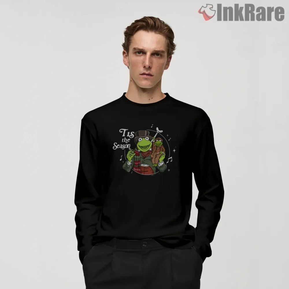 Kermit Tis The Season Holiday Music Cartoon Shirt on black long sleeve shirt for men graphic tee