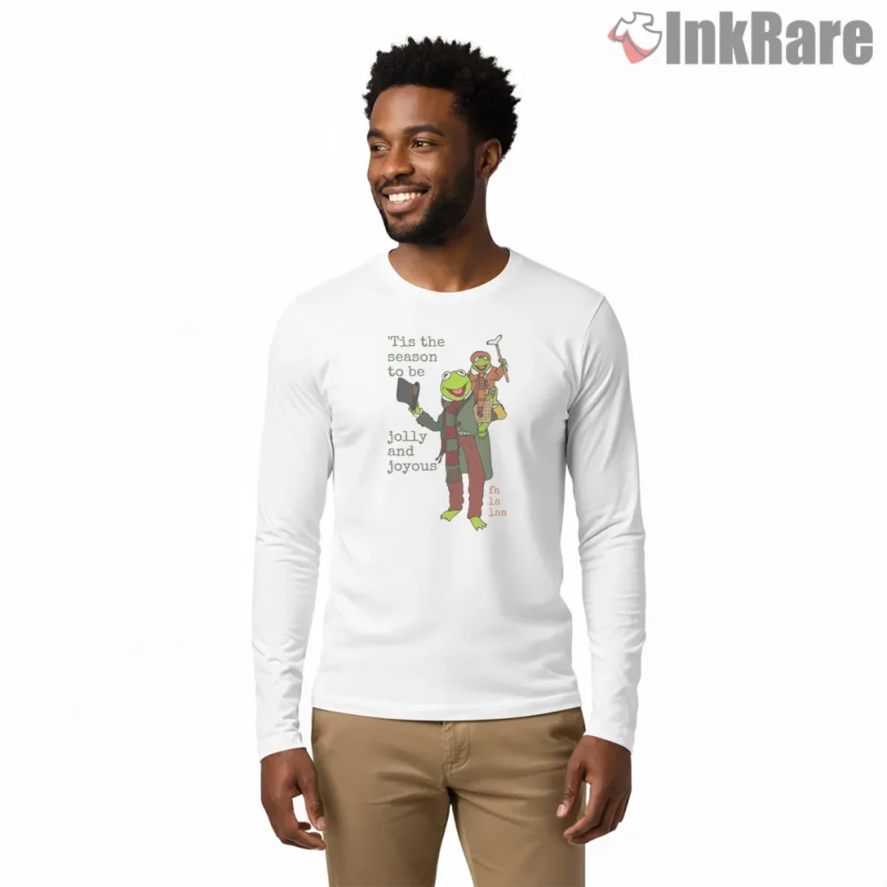 Kermit Tis The Season Jolly Holiday Cheer Shirt on white long sleeve shirt for men graphic tee