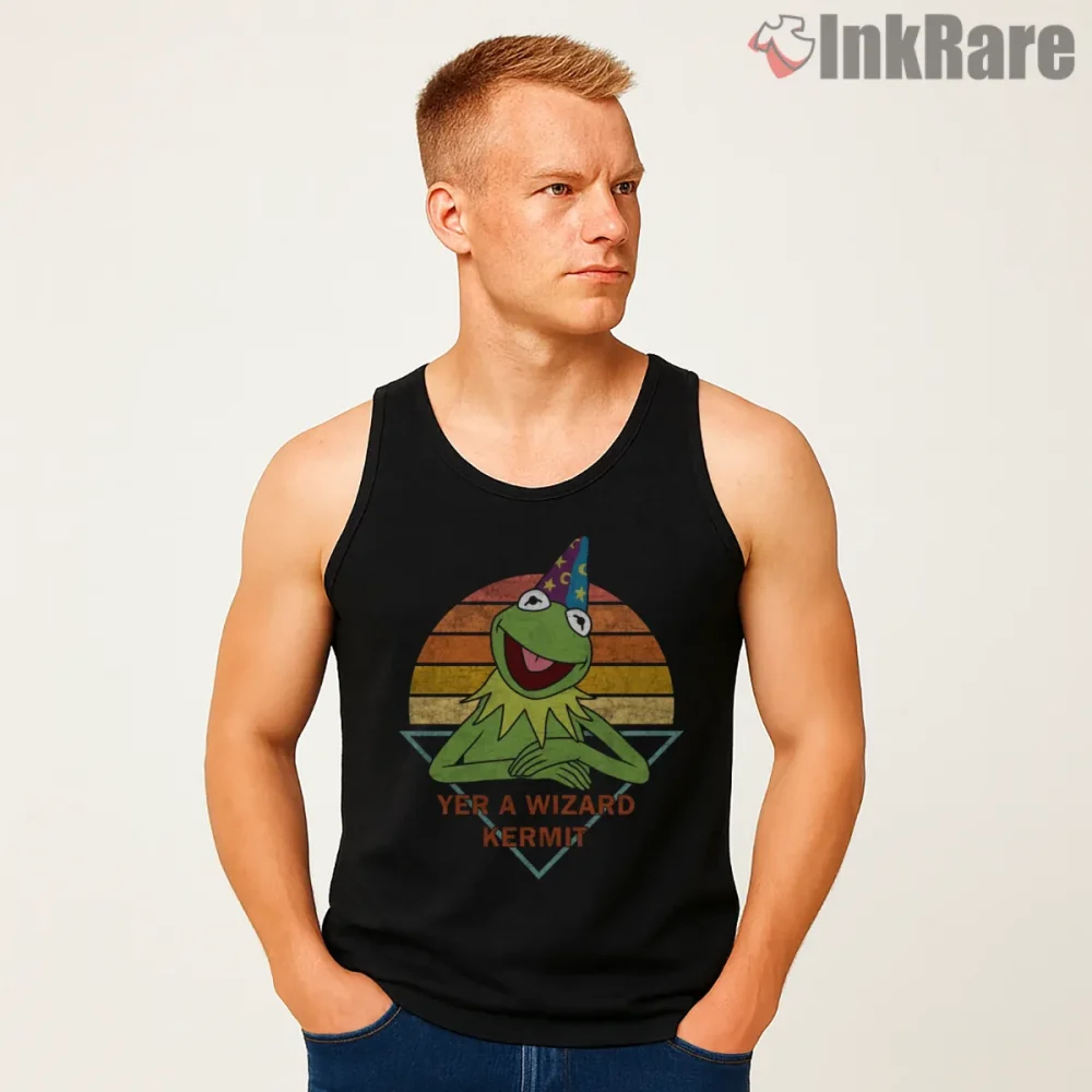 Kermit Wizard Retro Sunset Magic Parody Shirt on black tank top for men graphic tee