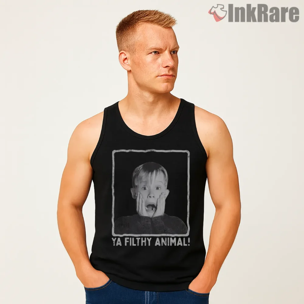 Kevin Black And White Ya Filthy Animal Shirt on black tank top for men graphic tee