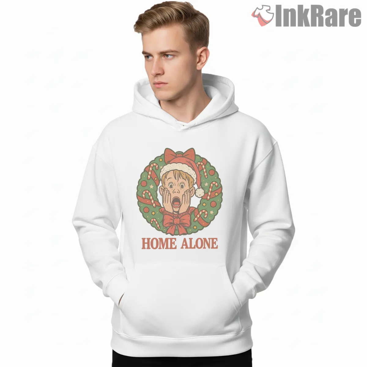Kevin Home Alone Christmas Wreath Candy Cane Shirt on white hoodie for men graphic tee