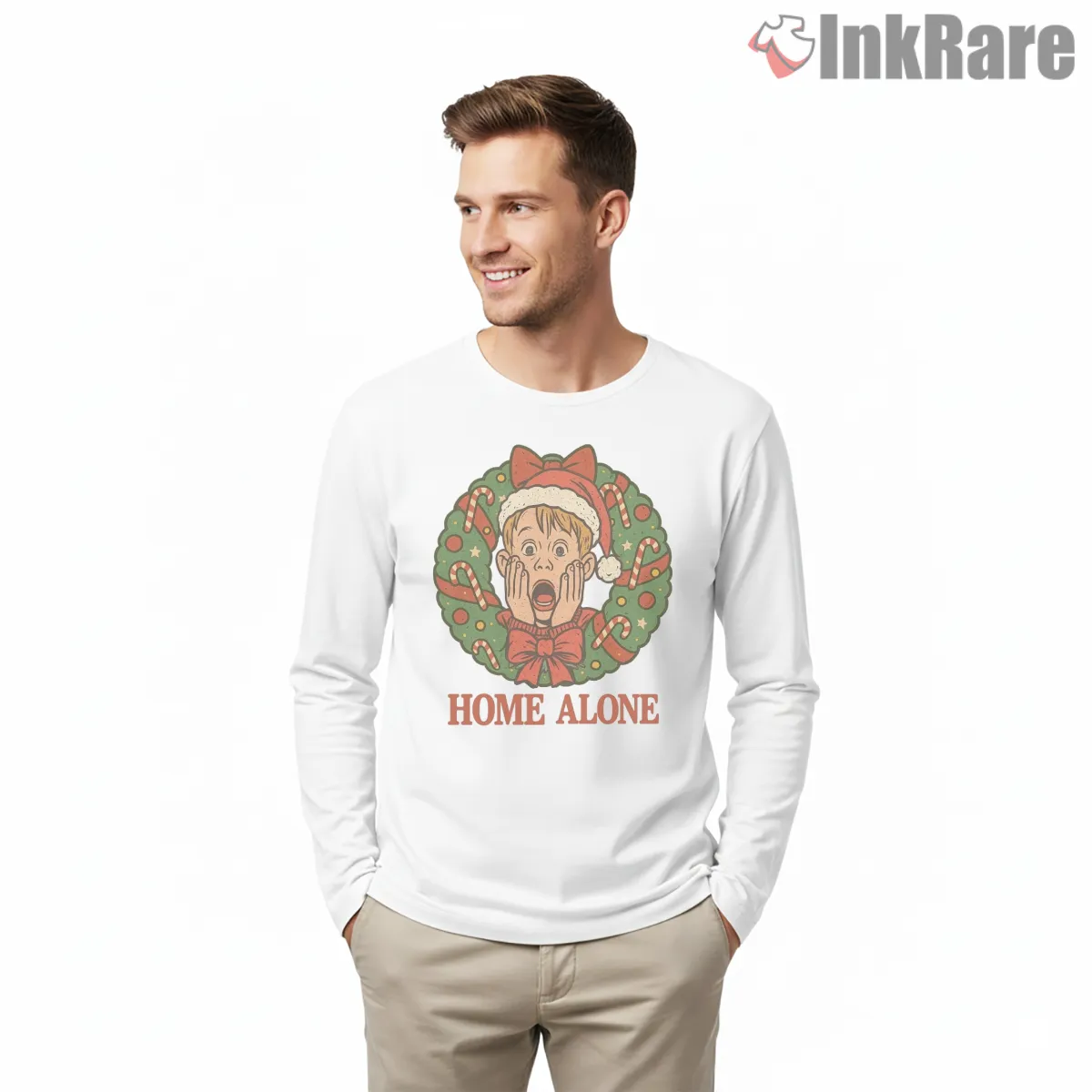 Kevin Home Alone Christmas Wreath Candy Cane Long Sleeve White Kevin Home Alone Christmas Wreath Candy Cane Shirt on white long sleeve shirt for men graphic tee