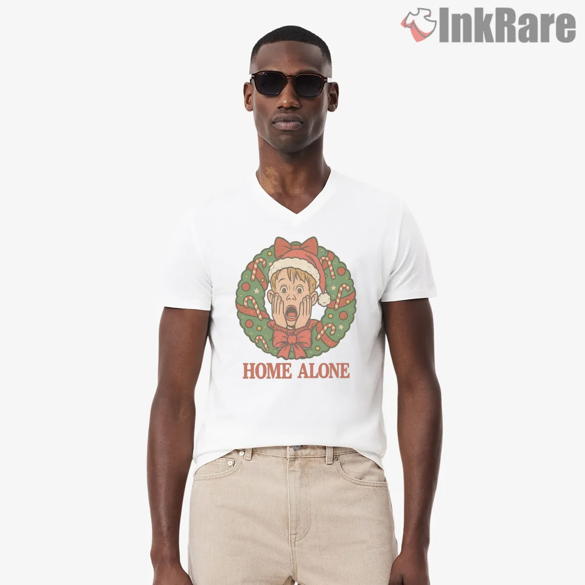 Kevin Home Alone Christmas Wreath Candy Cane V Neck White Kevin Home Alone Christmas Wreath Candy Cane Shirt on white v-neck shirt for men graphic tee