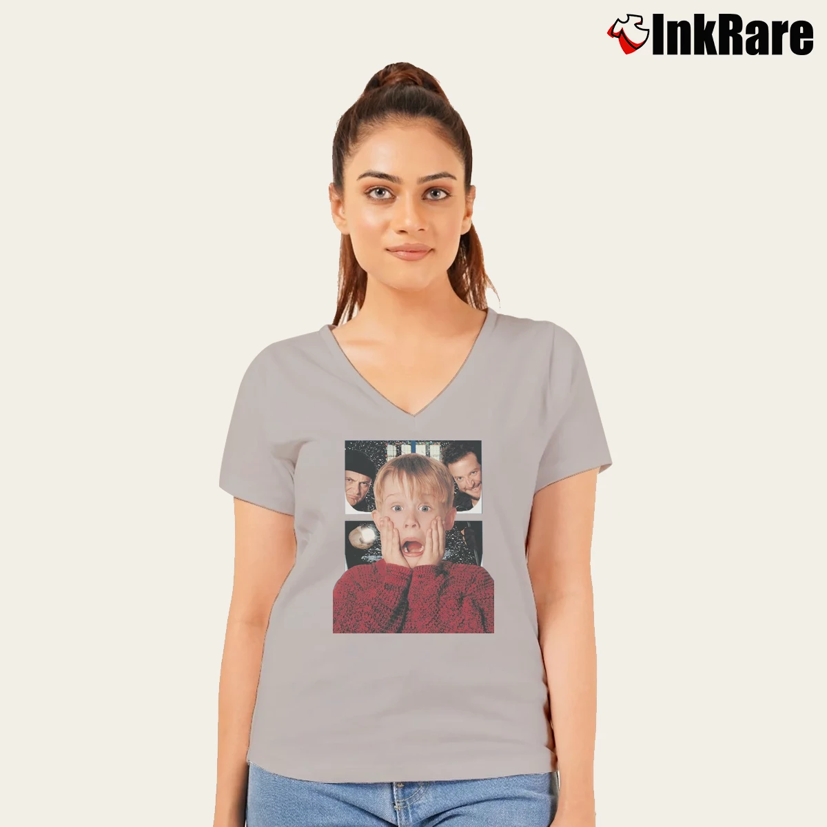 Kevin Home Alone Movie Women’s V-Neck Tee in sport grey – Flattering Fit Women’s Kevin Home Alone Movie V-Neck Tee in sport grey | Chic Neckline, Soft Texture