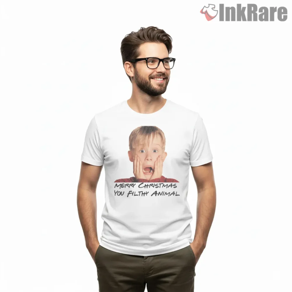Kevin Merry Christmas You Filthy Animal Shirt on white short sleeve shirt for men graphic tee