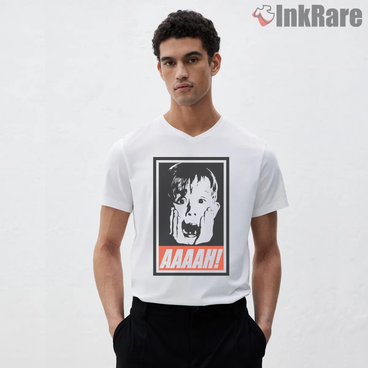 Kevin Scream Aaah Classic Poster V Neck White Kevin Scream Aaah Classic Poster Shirt on white v-neck shirt for men graphic tee