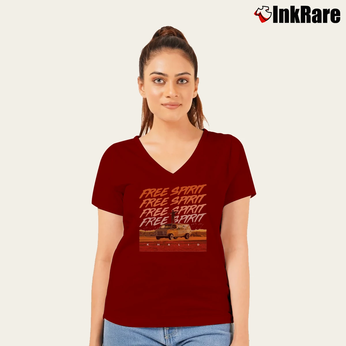 Women’s Khalid Free Spirit Music 3D Printed Fans Gift V-Neck Tee in maroon | Chic Neckline, Soft Texture