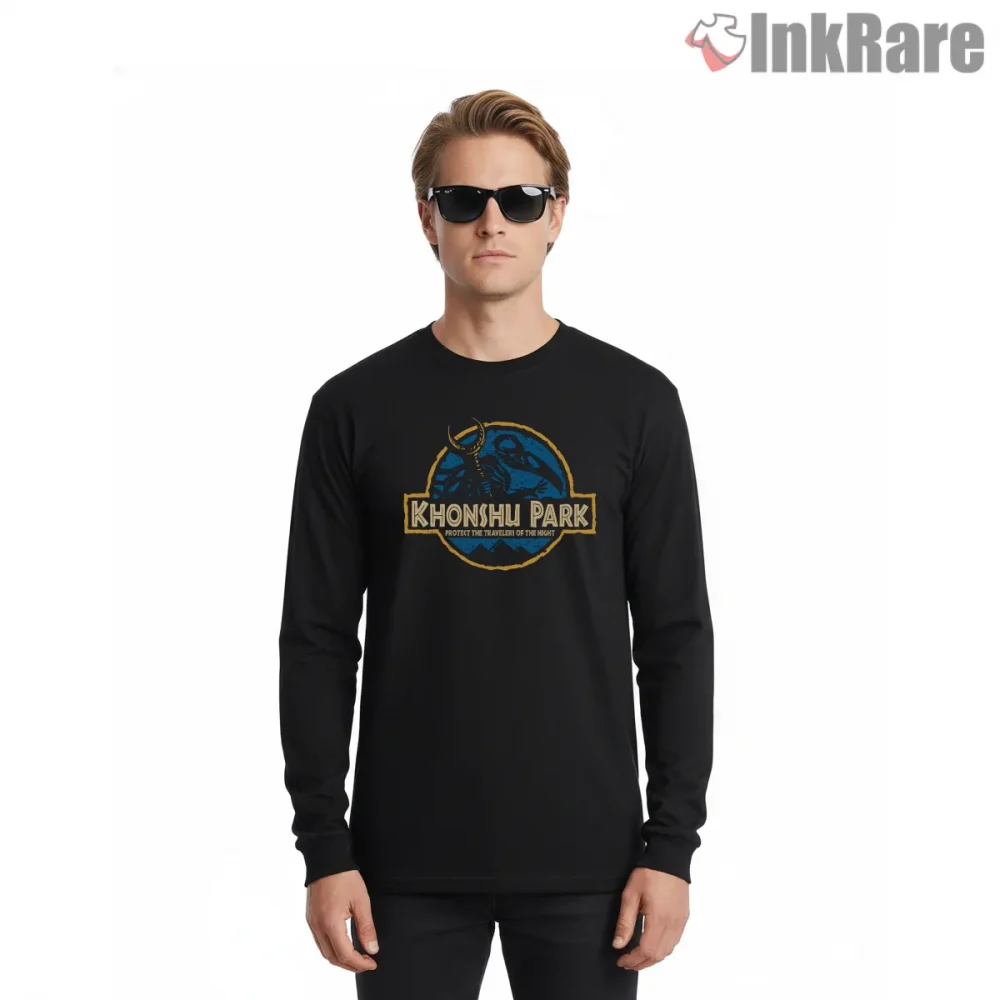 Khonshu Park Moon Knight Jurassic Style Mashup Shirt on black long sleeve shirt for men graphic tee