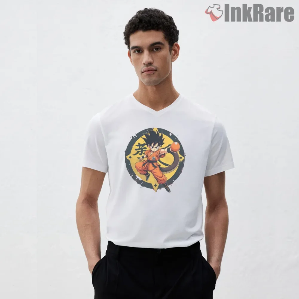 Kid Goku Adventure Emblem Dragon Ball Shirt on white v-neck shirt for men graphic tee