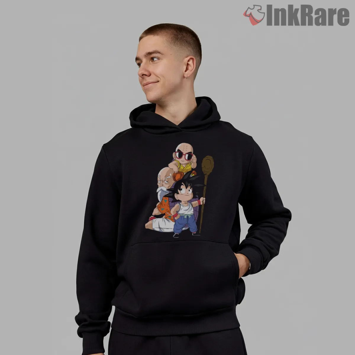 Kid Goku And Masters Chibi Adventure Shirt on black hoodie for men graphic tee