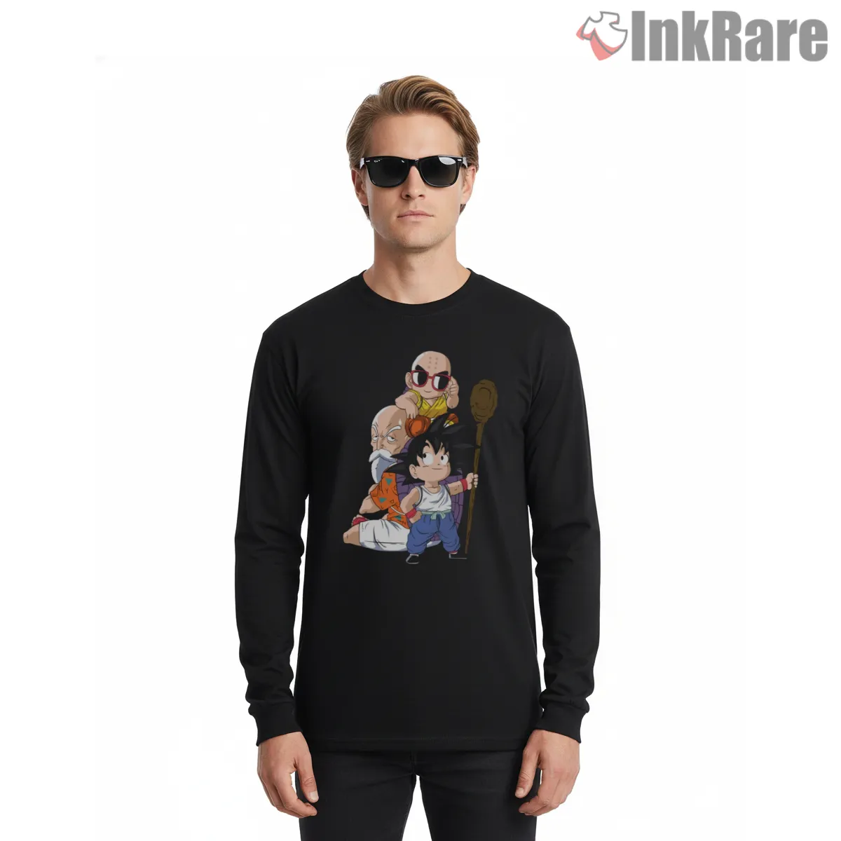 Kid Goku And Masters Chibi Adventure Long Sleeve Black Kid Goku And Masters Chibi Adventure Shirt on black long sleeve shirt for men graphic tee