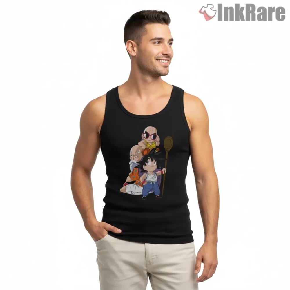 Kid Goku And Masters Chibi Adventure Shirt on black tank top for men graphic tee