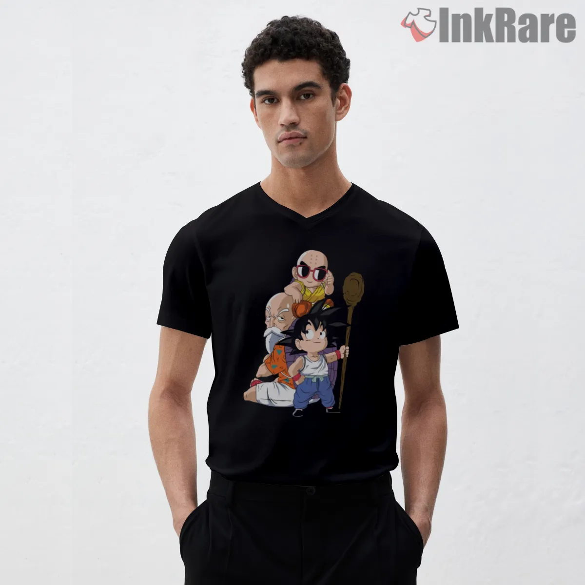 Kid Goku And Masters Chibi Adventure V Neck Black Kid Goku And Masters Chibi Adventure Shirt on black v-neck shirt for men graphic tee