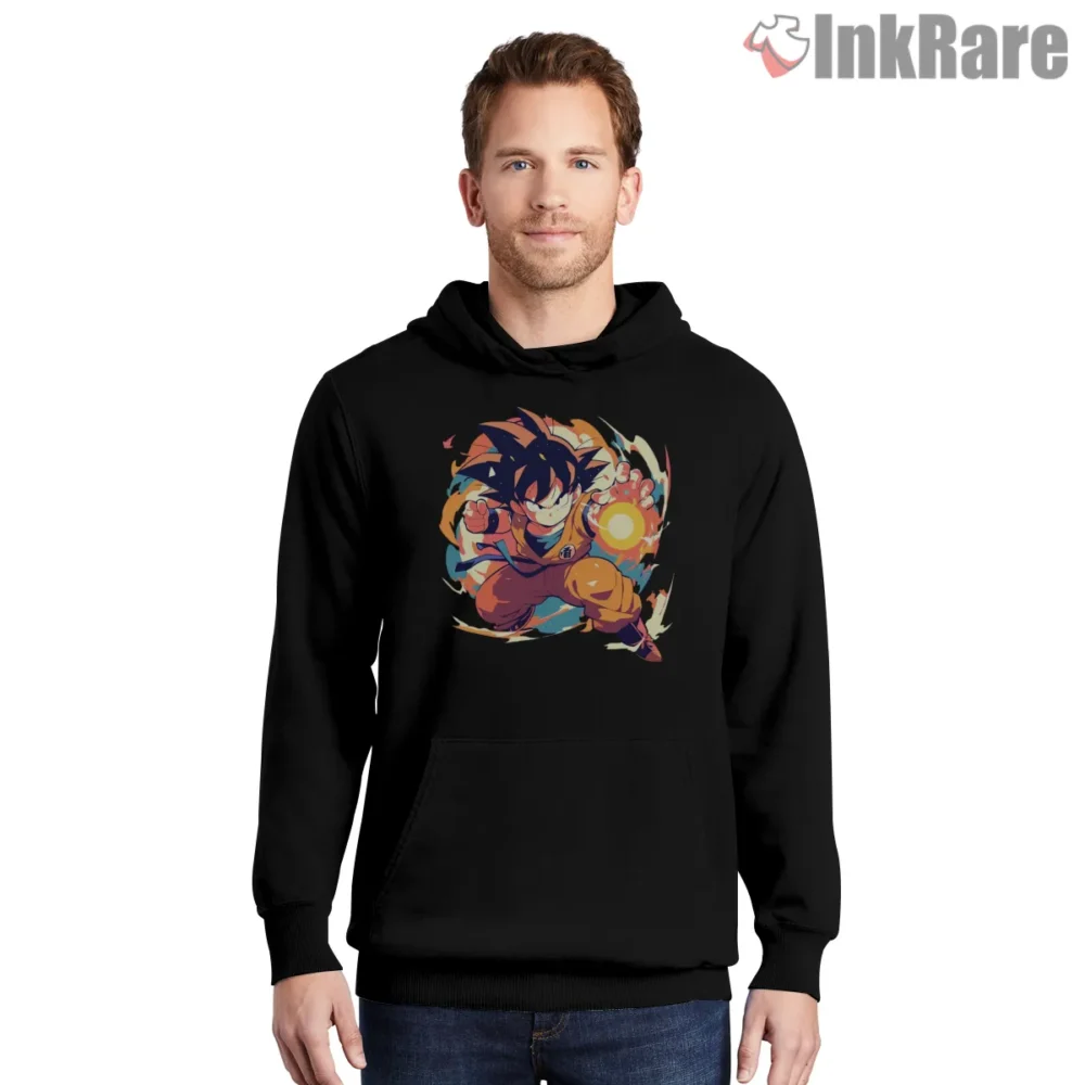 Kid Goku Joyful Power Burst Shirt on black hoodie for men graphic tee